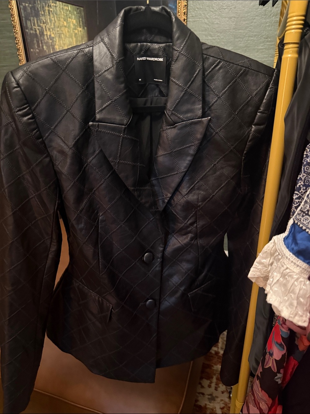 naked wardrobe Black Quilted Faux Leather Blazer Jacket